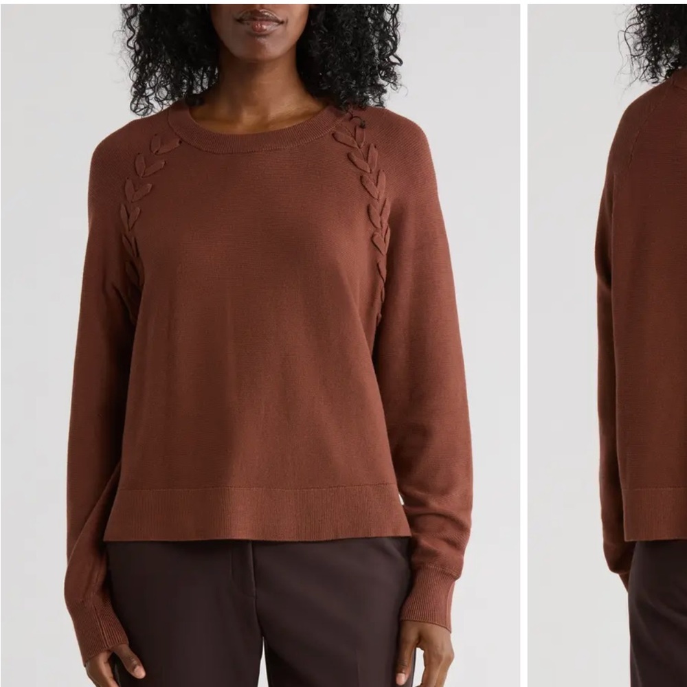 Adrianna Papell Rich Brown Crew Neck Sweater with Braided Detail